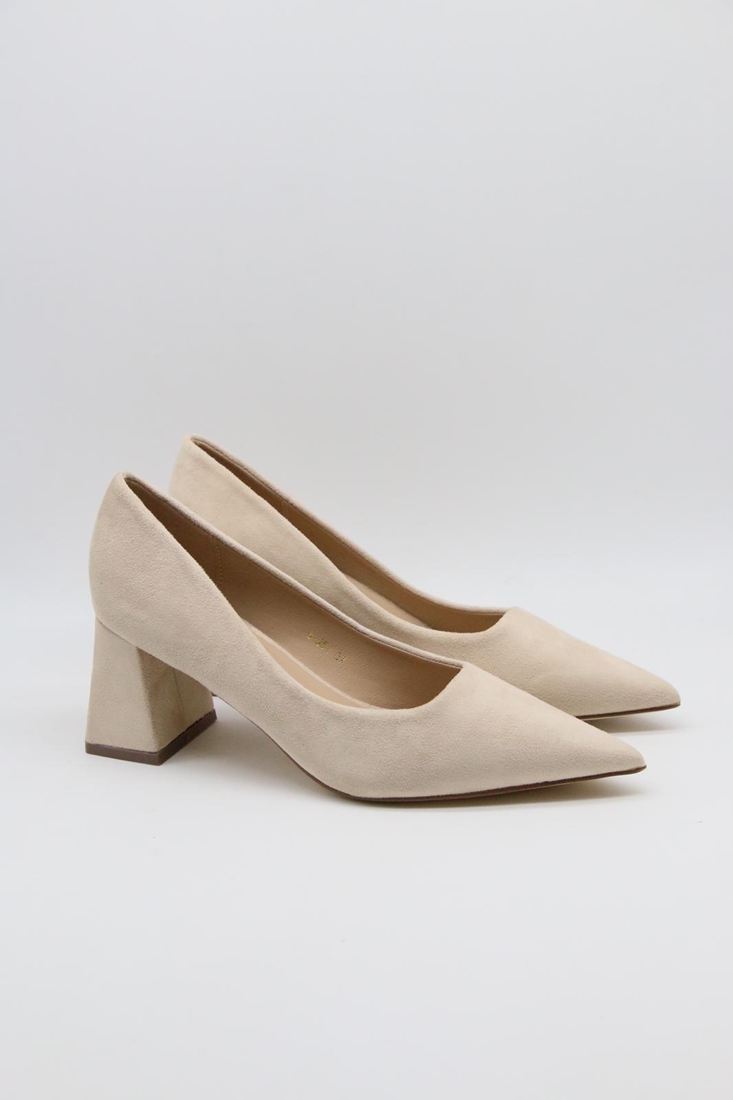 Damen Pumps aus beigem Veloursleder-Look mit Blockabsatz & spitzer Zehenpartie | Railot
