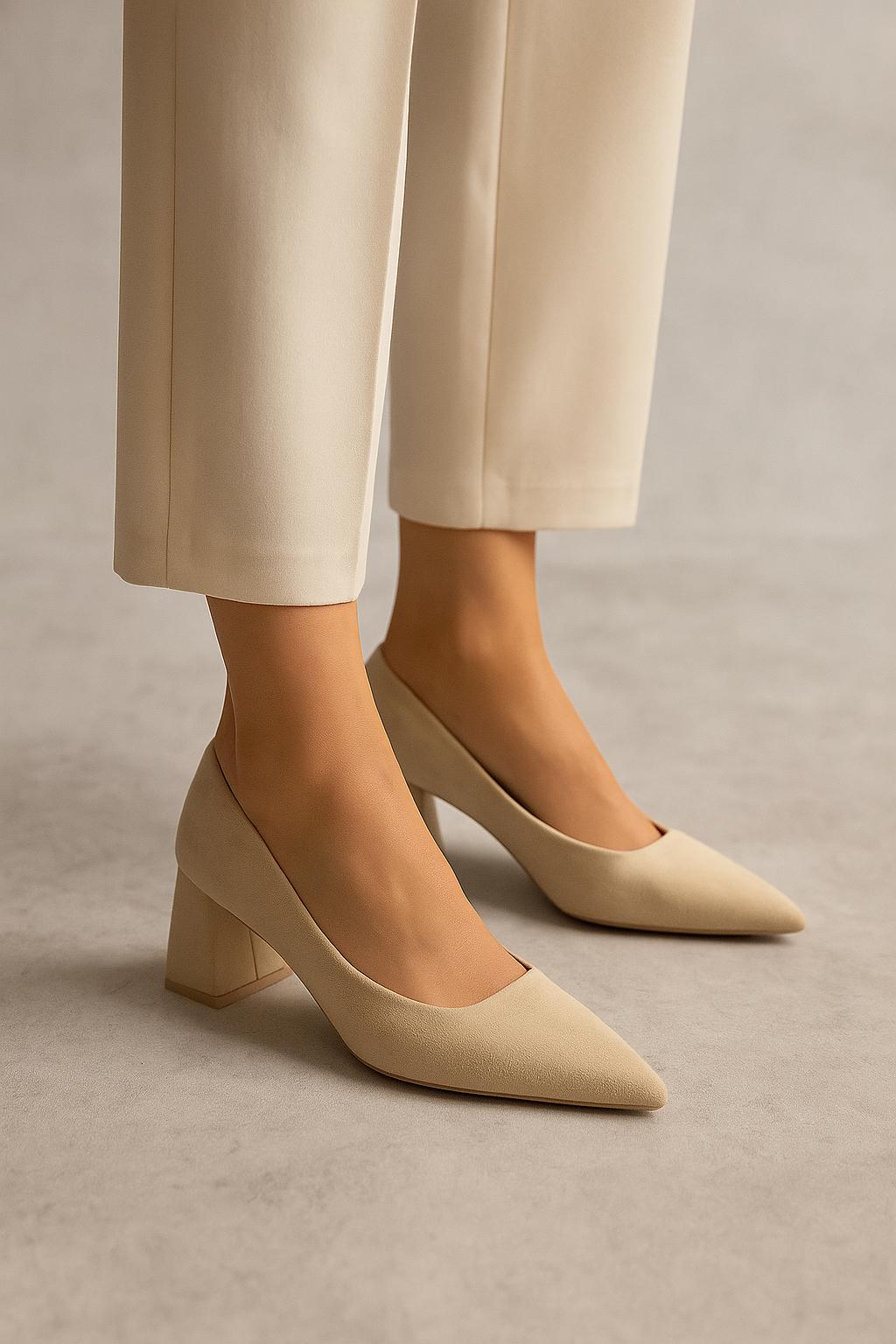 Damen Pumps aus beigem Veloursleder-Look mit Blockabsatz & spitzer Zehenpartie | Railot