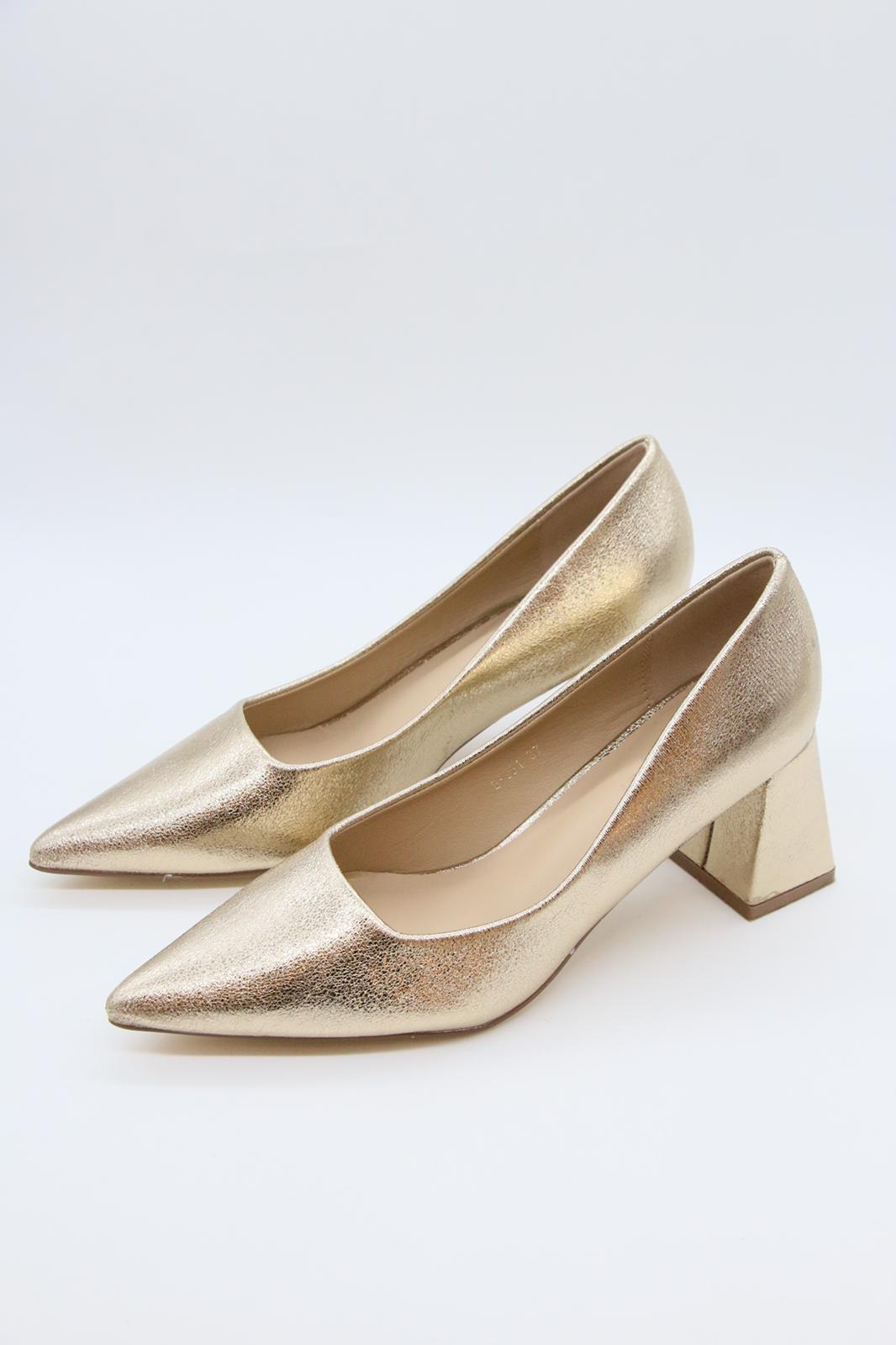 Damen Pumps mit Metallic-Gold-Finish, Blockabsatz & spitzer Zehenpartie | Railot