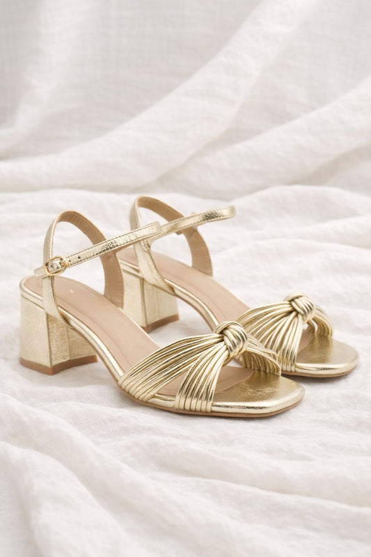 Damen Sandalen in Gold mit Knotenriemen & niedrigem Blockabsatz für Partys und Hochzeiten | Railot